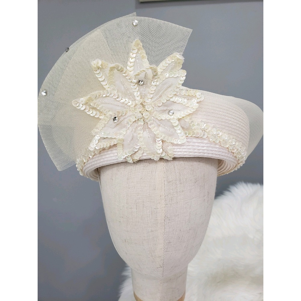 Mr Hi's Classic Church IVORY Color Hat Sequins Lace Ribbon Derby Beaded Vintage